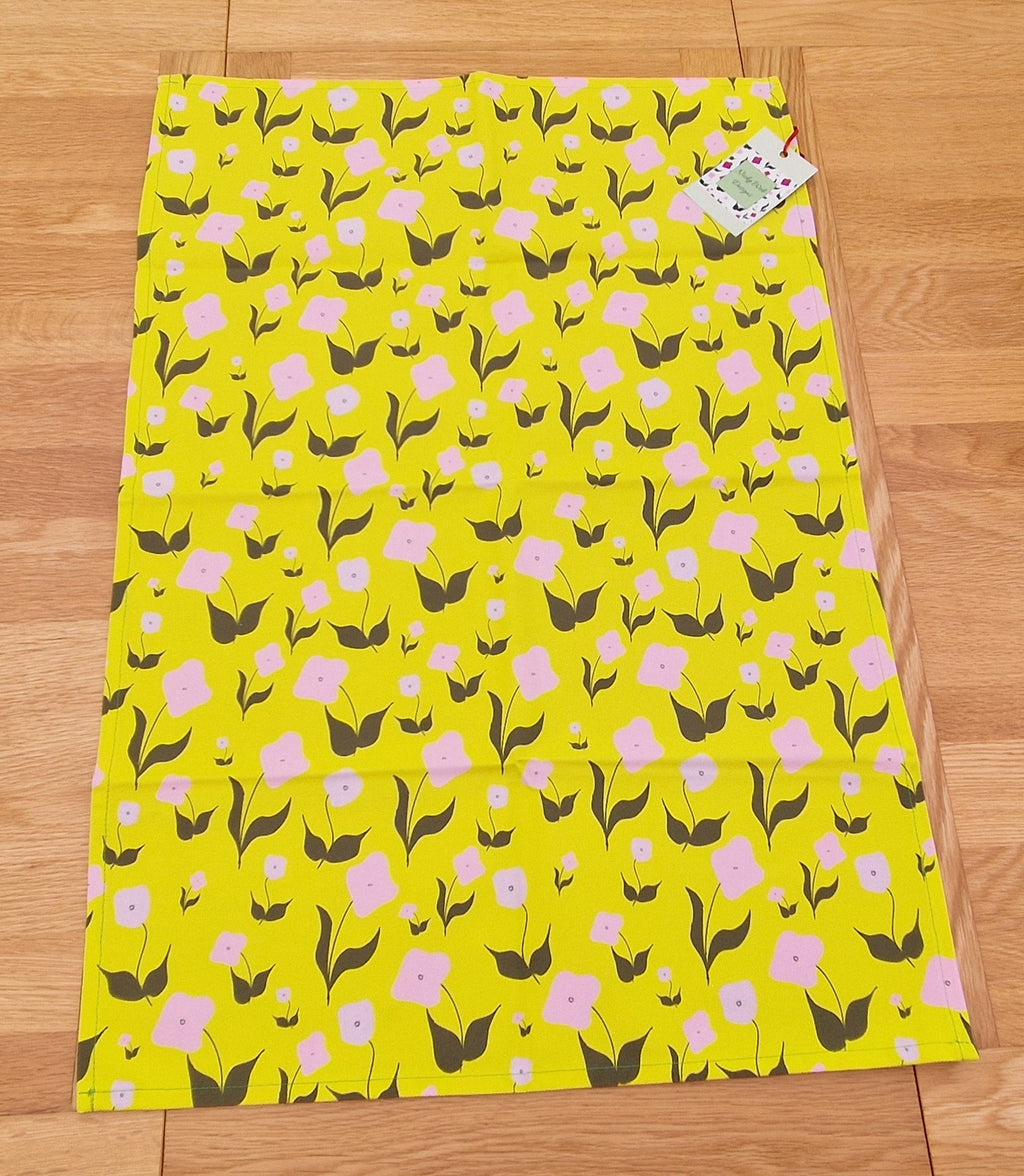 Cotton tea towel with First Flowers pattern in Sunshine Yellow 2025