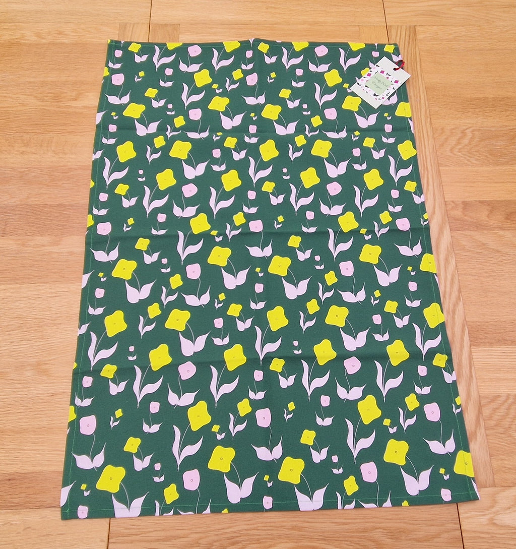 Cotton tea towel with First Flowers pattern in Forest Green 2025