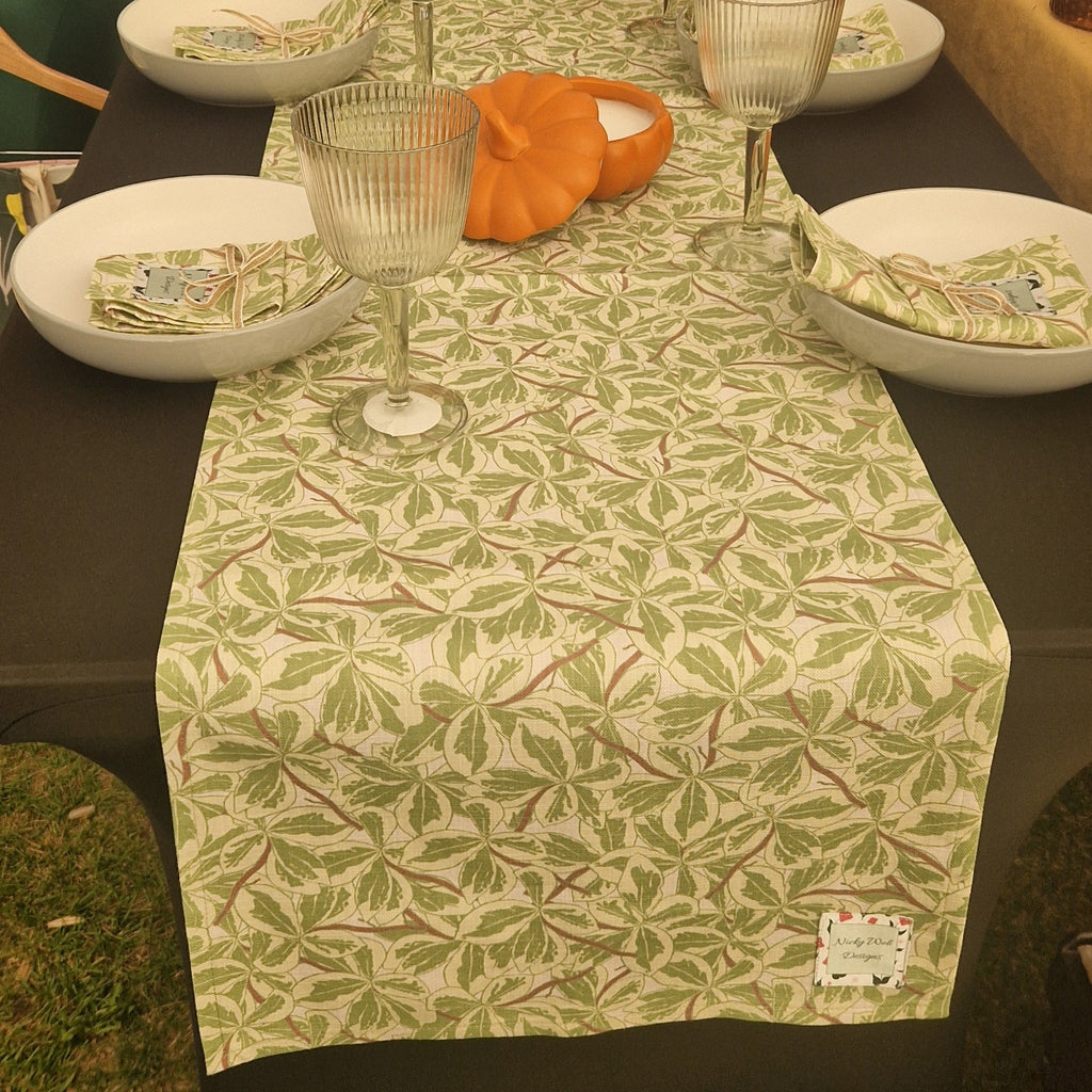 Cotton linen table runner with Variegated Boxwood design