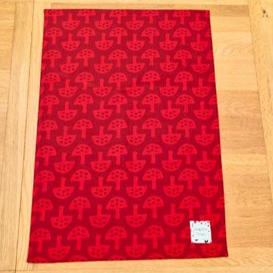 Organic cotton tea towel with Glen Tanar Mushrooms pattern in Very Berry