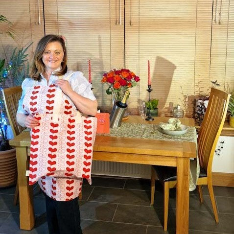 Cotton linen tote bag with Stripped Hearts pattern from Love Collection