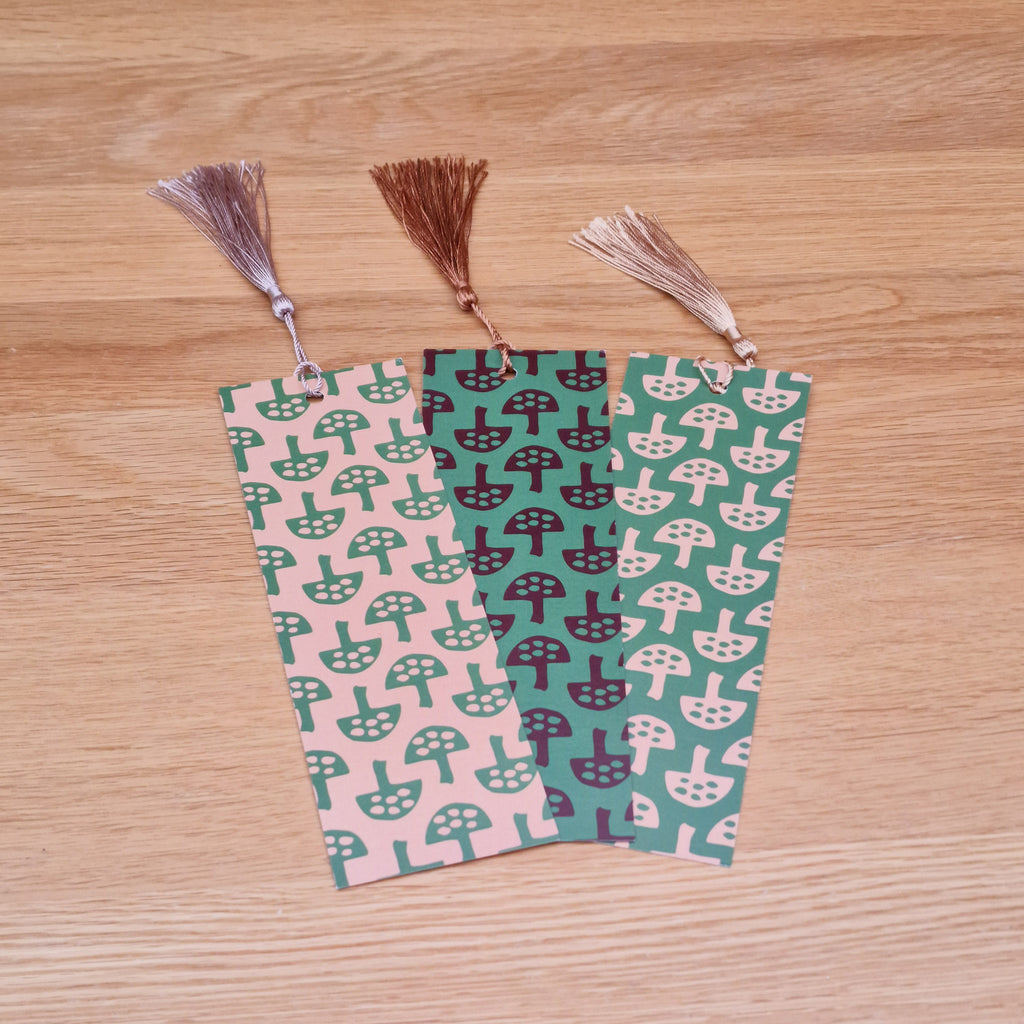 Mushroom patterned bookmark inspired by forest walks, with tassel