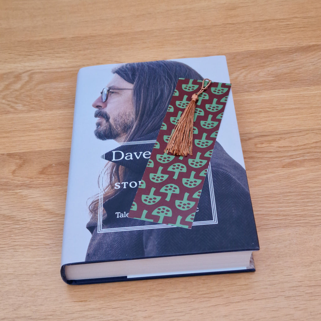 Mushroom patterned bookmark inspired by forest walks, with tassel